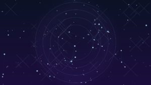 Ilustração de rede neural e órbitas concêntricas em azul e roxo representando um agente cientista de IA operando um sincrotron