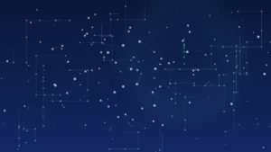 Ilustração abstrata azul de rede neural sobreposta a circuitos, representando implantação de IA em empresas
